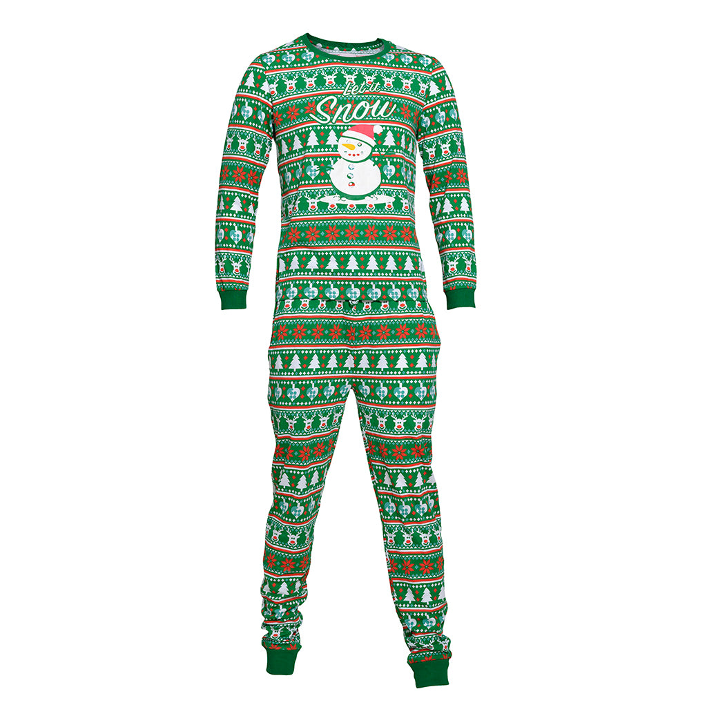 Et sæt grønt julepyjamas med en snemand på.